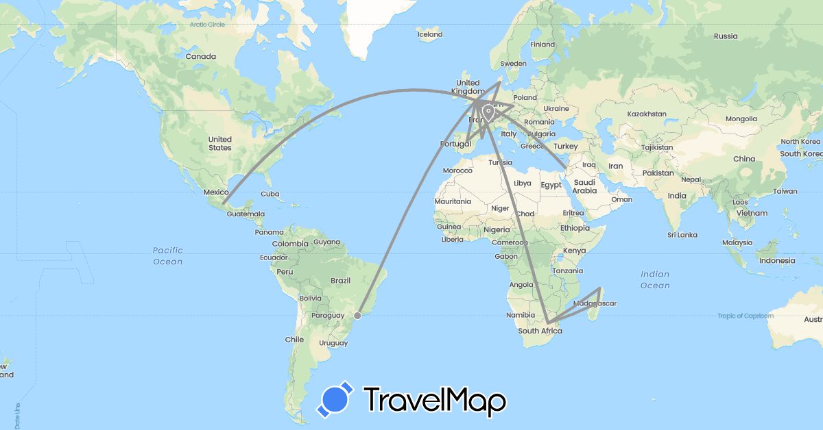 TravelMap itinerary: driving, plane in Belgium, Brazil, Switzerland, Czech Republic, Denmark, Spain, France, United Kingdom, Israel, Madagascar, Mexico, South Africa (Africa, Asia, Europe, North America, South America)
